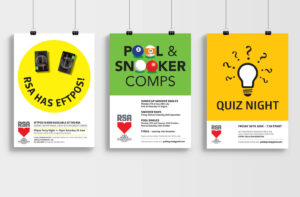 3 RSA posters against a plain grey wall