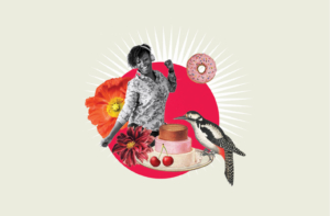 Colourful collage illustration showing a smiling woman, cake and bird