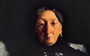 Painting of older woman's face with black background.