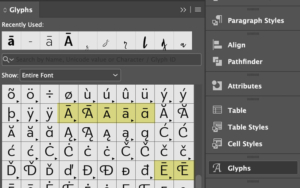 Screenshot of Indesign Glyph window