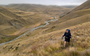 Woman hiking through grasslands with backpack and walking poles