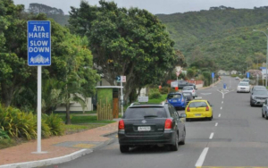 Tree-lined suburban street with cars and a blue road sign with white words that read āta haere slow down
